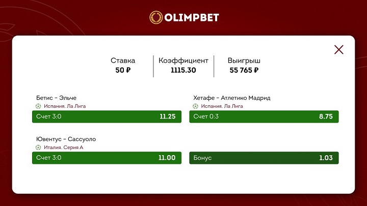 У клиента Olimpbet доехал экспресс из трех ставок на разгромы со счетом 3:0 У клиента Olimpbet доехал экспресс из трех ставок на разгромы со счетом 3:0