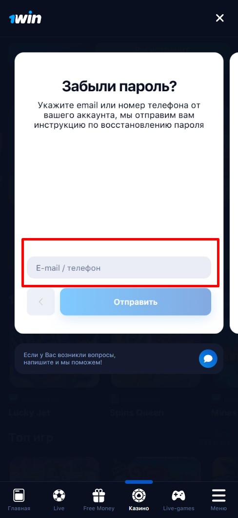 Ввод данных для востановления пароля