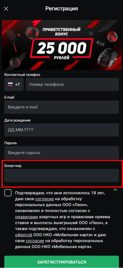 Ввод промокода