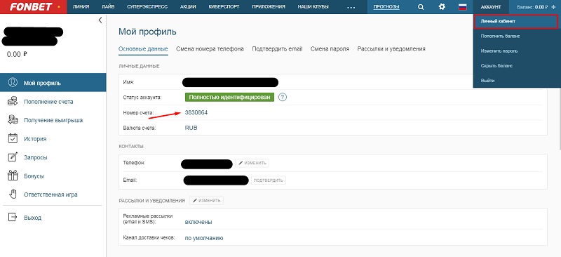 Фонбет узнать номер счета